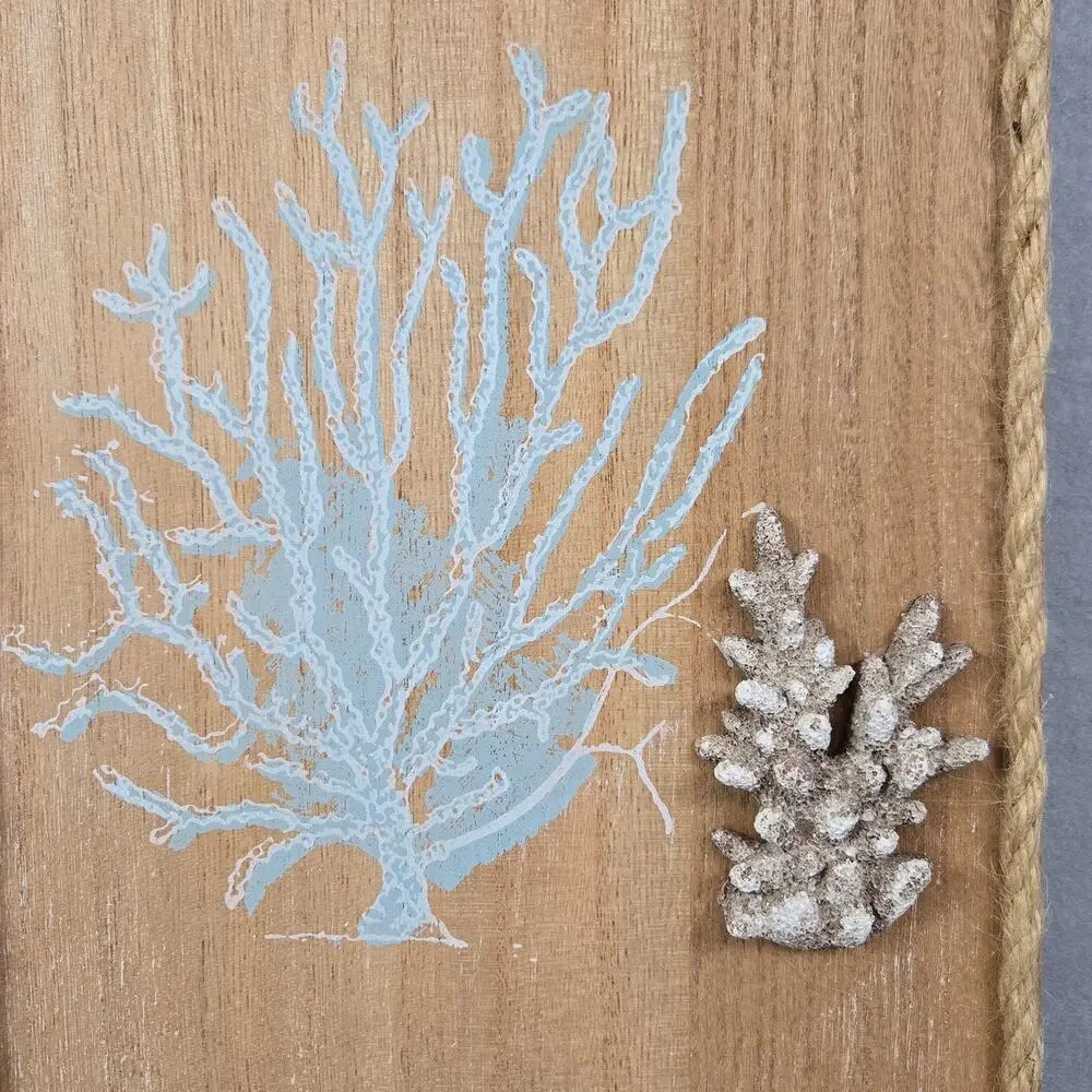 Wooden Coastal Wall Art Decor Rope Trim, Shells, Coral Prints 9.5